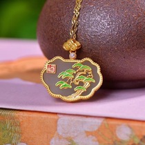 Ancient method of pure silver gilded inlaid with natural and field jade enamel Pine Crane Plane Ruyi Lock Pendant to greet guest loose necklace