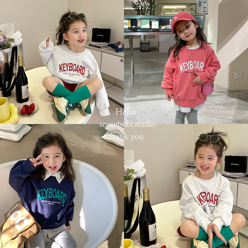 Lacquer Number Scout child Han version loose 100 lap thick cotton T2022 Spring dress new girl foreign pie pure color letter blouses