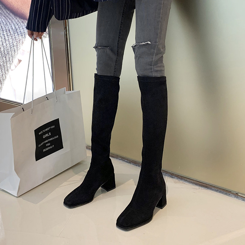 Mocking thin ~ leather frost can't knee boots, coarse heel heel and plus high boots