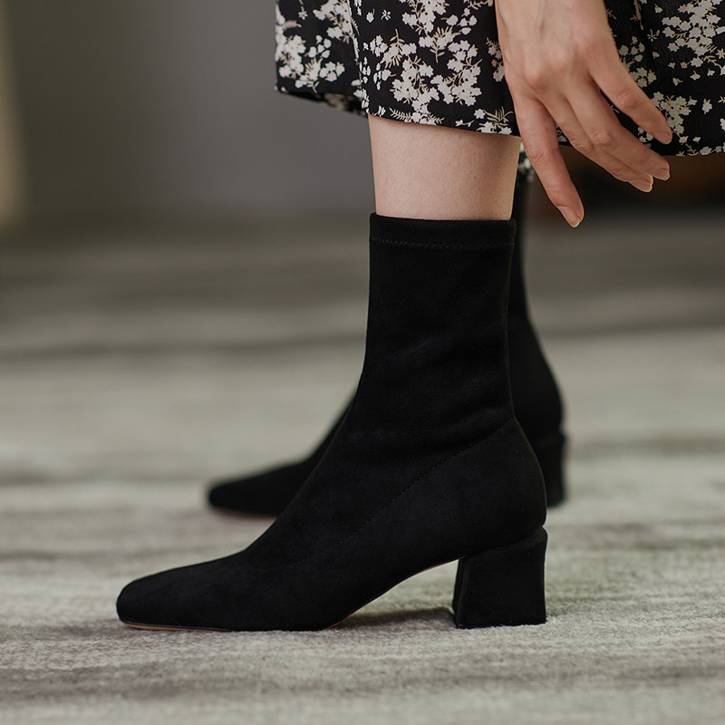 SW Jindian skinny boots short boots women's high-heeled legs show thin pointed square heel elastic boots