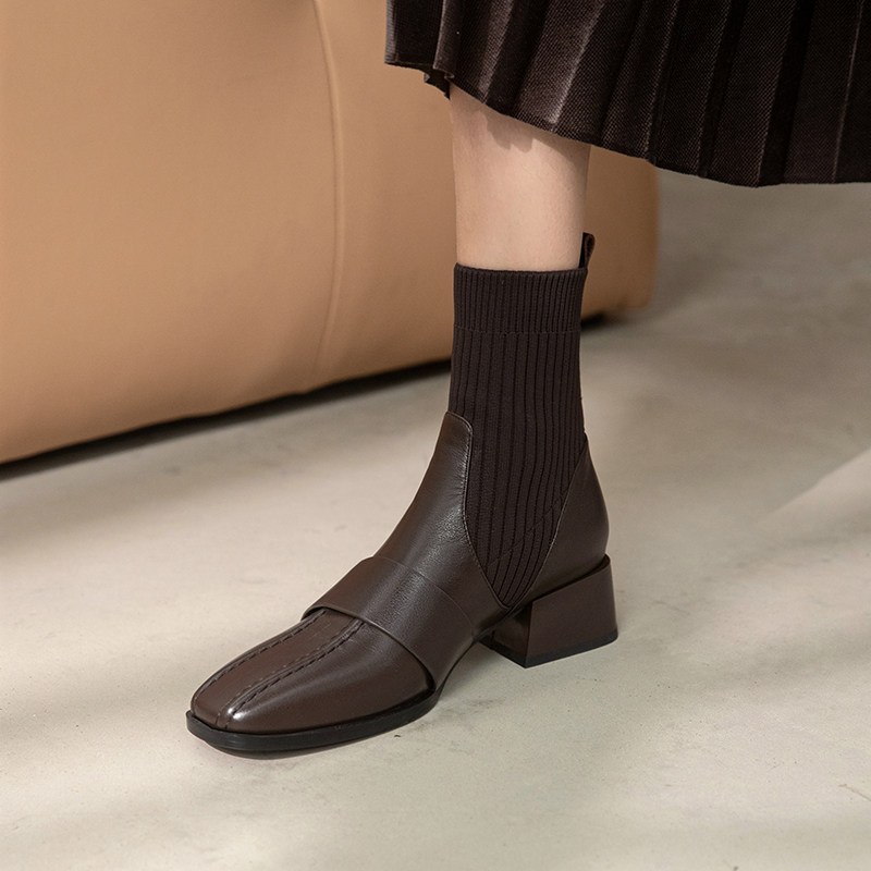 Fried Street~2020 New Short Boots All-match Thick Heel Socks Boots Knitted Pantyhose Boots Thin Boots Elastic Middle Heel Square Toe