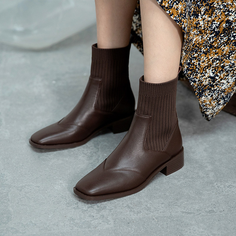 2020 new wool socks boots leather stitching short boots women's boots square head slim socks boots elastic boots