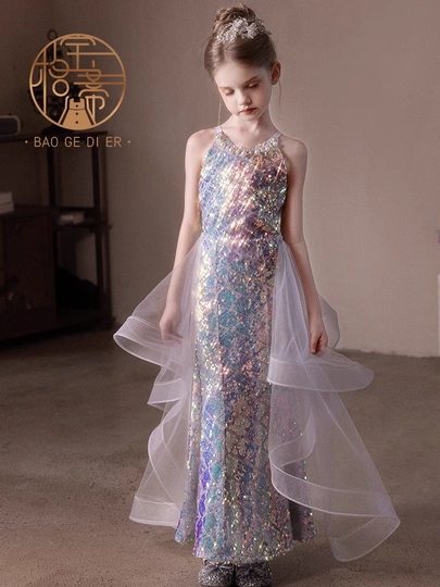 Kinder Abendkleid Host Pailletten Geburtstag Mädchen Fischschwanz Prinzessin Kleid Modell Laufsteg Klavier Performance Kostüm