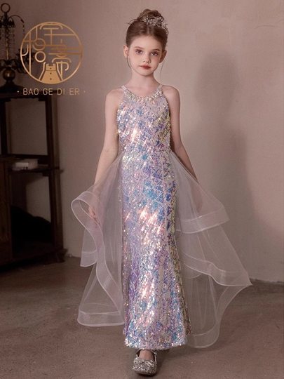Kinder Abendkleid Host Pailletten Geburtstag Mädchen Fischschwanz Prinzessin Kleid Modell Laufsteg Klavier Performance Kostüm