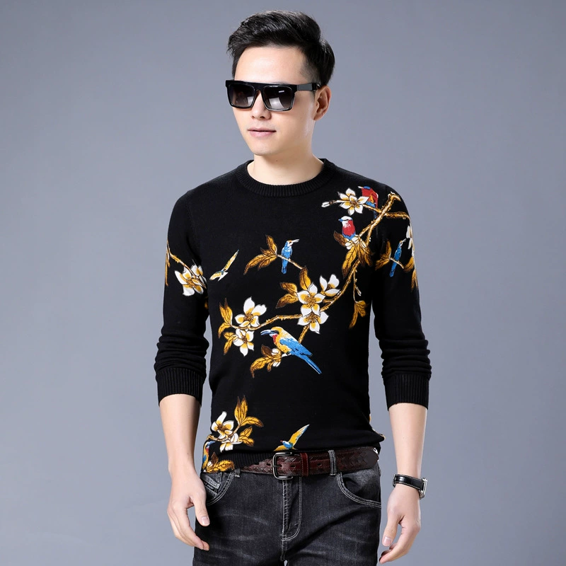 Mùa thu và mùa đông dày áo len nam sáng tạo họa tiết chim in áo len kiểu Trung Quốc cổ tròn áo len cashmere - Áo len Cashmere