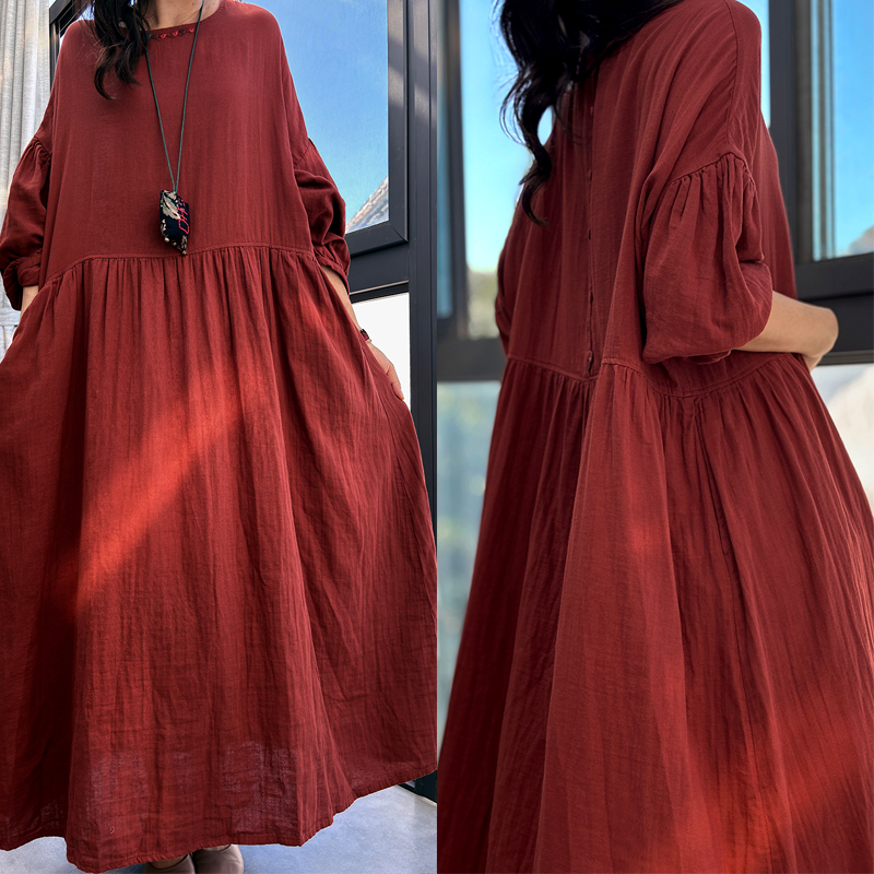Original Red Artistic Retro Ethnic Style Embroidered Lantern Sleeve High-Waisted Loose Babydoll Dress Long Dress Plus Size