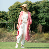 There is no good to see the city in the long knee cotton and hemp retro red small plaid temperament thin casual dress women