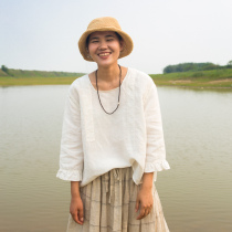 There is no good to see the city lotus leaf sleeve Dunhuang small flower embroidery stitching square collar pullover outside with eight-point sleeve top for women