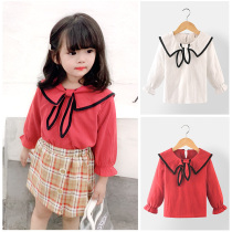 Girls  autumn new T-shirt Cute female baby college style bow tie top Childrens lapel casual t-shirt childrens clothes