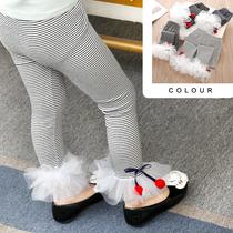  Girls  new pants autumn childrens striped leggings cute female baby sweet mesh lace cherry trousers