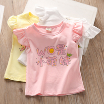 Summer new girls small flying sleeve round collar T-shirt cute baby wo is a small cute girl printed short sleeve blouse