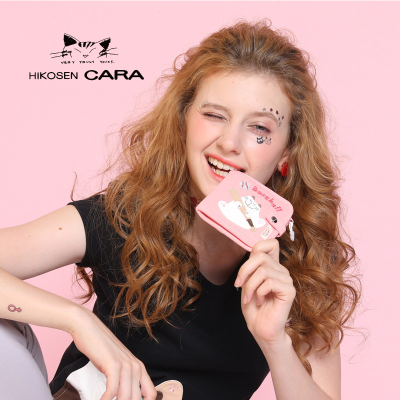 Karat Cat Original Senteal Cartoon Cute Tide Pint Two Fold Leather Clip Button WOMAN CARD BAG CANVAS SHORT CLIP