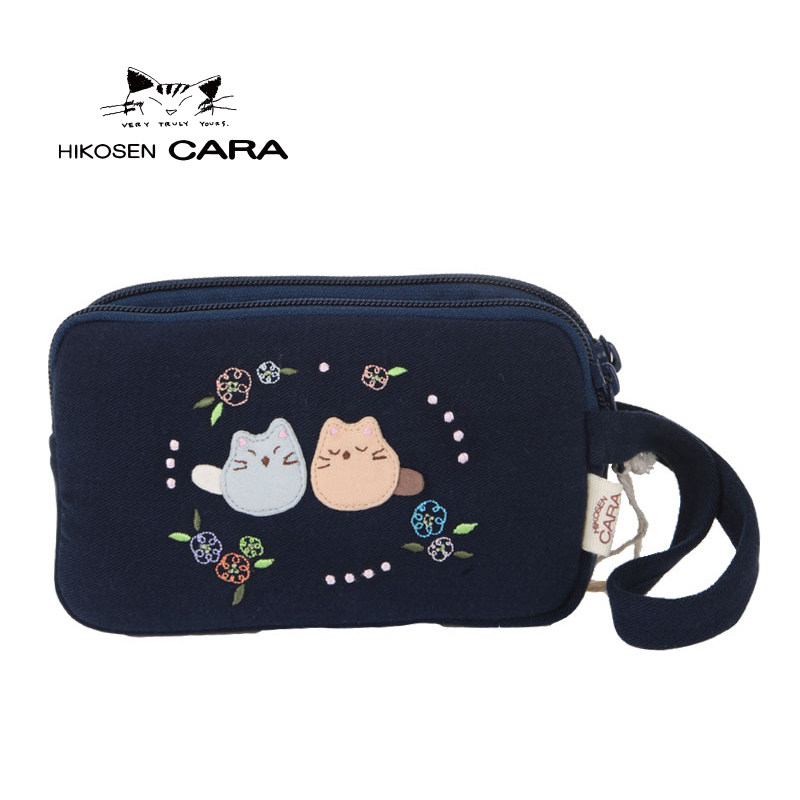 Japanese Kara Cat Cute Lady Key Cloth Bag Double pull chain Apple 11ProMax mobile phone Canvas Small Handbag
