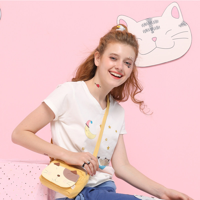 Cara Cat Original Cute Fashion Teenage Girl Personality Light Slips Canvas Diagonal Satchel Bag Mobile Phone Bag Mini Packet Bag