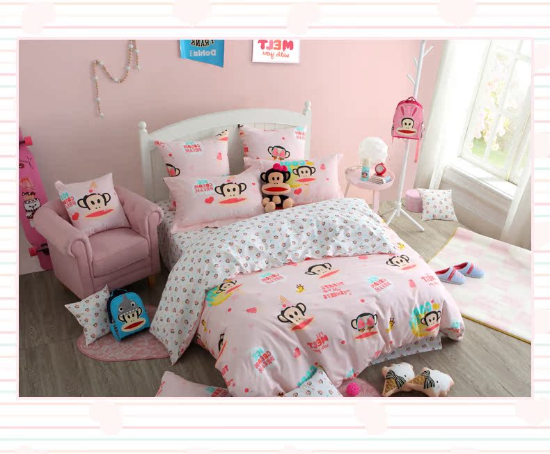 Giống như Paul thẳng thắn miệng khỉ in bông ba / bốn bộ phim hoạt hình thời trang thiên đường kem - Bộ đồ giường bốn mảnh chăn ra gối nệm