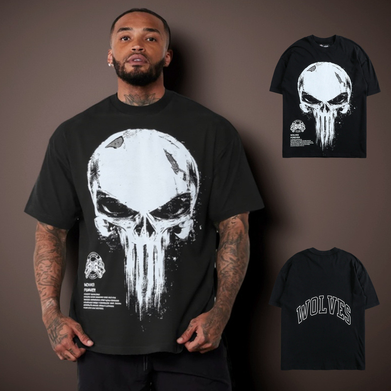 Wolf Head Punisher Skull Men's American Style Short Sleeve T-Shirt Fitness Clothing Retro Training Top Loose Pure Cotton Summer
