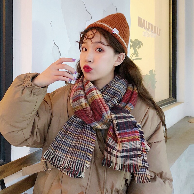 chic South Korea Dongdaemun new double-sided British retro plaid scarf womens autumn and winter thickened shawl scarf