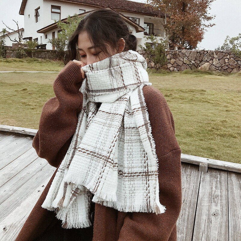 Japanese plaid scarf women's autumn and winter Korean version thickened imitation cashmere long version warm student couple wild collar