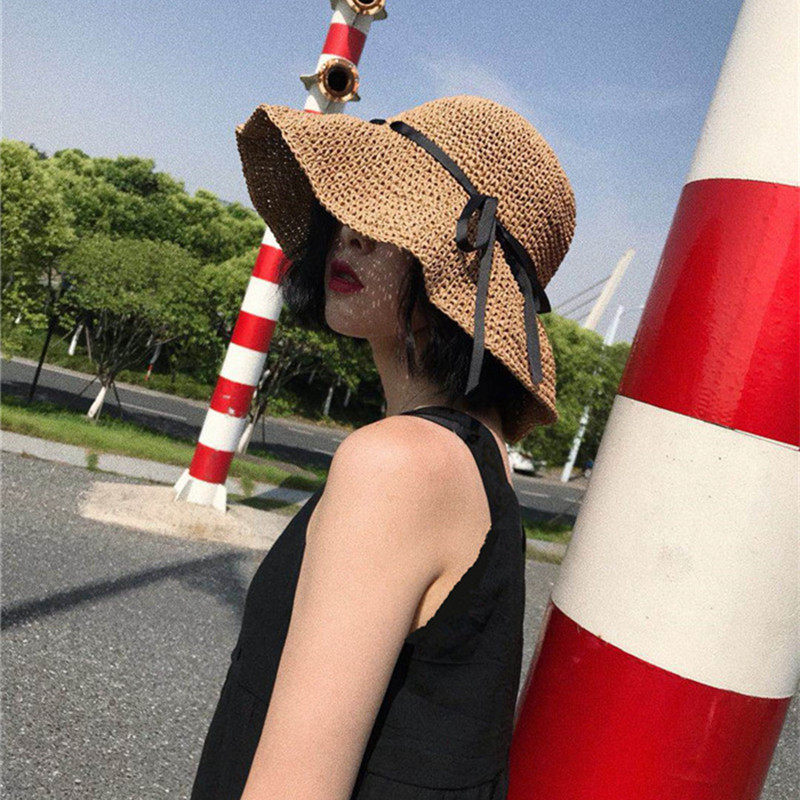 Summer vacation female bow beach net red straw hat Small fresh big brim travel sunscreen hat Japanese fisherman hat