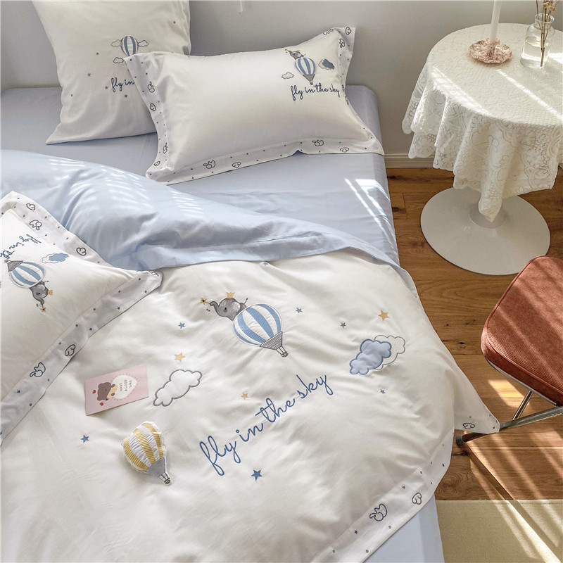 Fresh children cartoon 80 long suede cotton four pieces of pure cotton cute cloths embroidered Nordic ins wind bed supplies