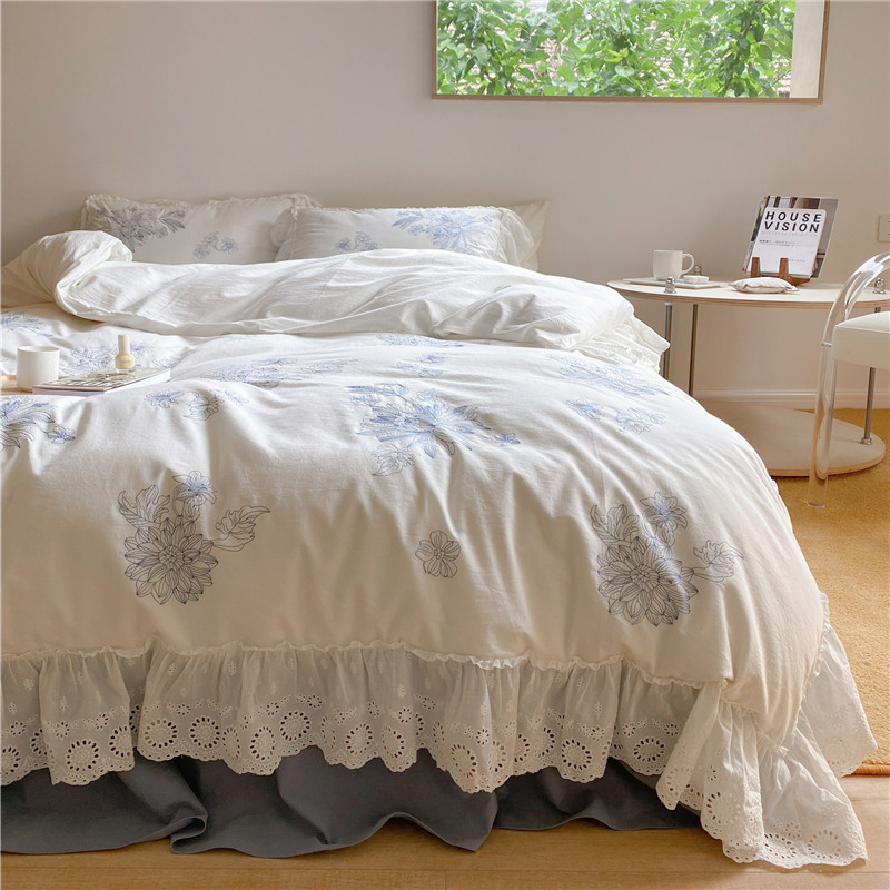 Retro American Fields Garden Wind 40 Washed Cotton Four Sets Pure Cotton Embroidered Lotus Leaf side Korean-style Flower Flowers Bedding