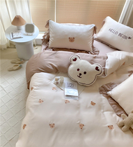 Han Style Large Lotus Leaf Side 60 Sky Silk Four Sets Brief small Bear Embroidery Card Ventilated Adolescent Girl Hearts Bed supplies