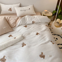 ins Han style Cubs full cotton Huffag Four pieces of pure cotton embroidery Brief water washed cotton card Ventilated Bed bedding