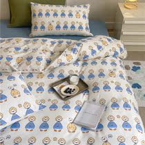 ins Han style card ventilation knitted cotton four pieces of pure cotton soft children room happy duck bed hat-style bedding