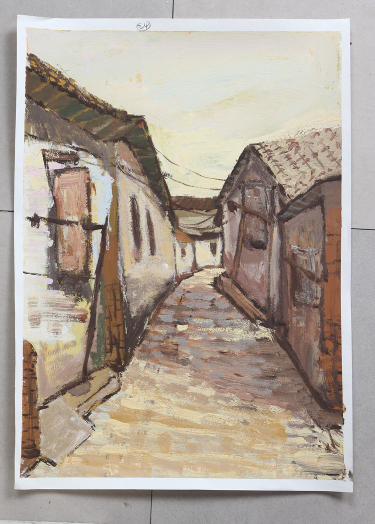 Color landscape painting, waterpowder painting 4 Kaihong village screen Xi baiyu architecture water powder scenery