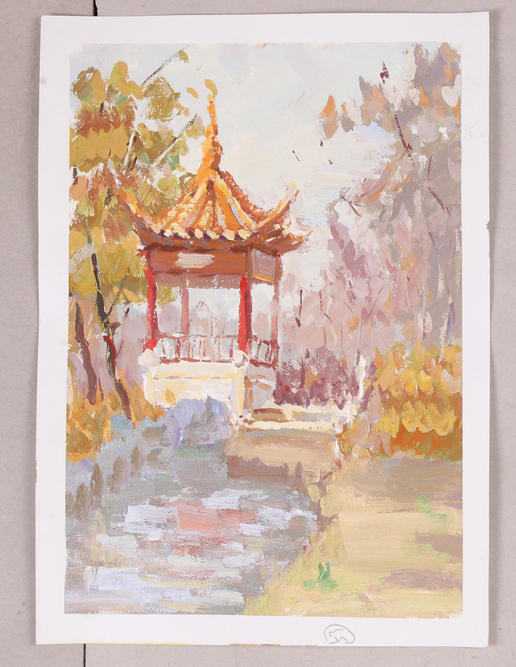 Hongcun Wind scenery Scenery Painting with Colorful Water Powder Painting 4 Open Landscape Autumn Scenery to Write a Yellow Leaf Wind Landscape Painting