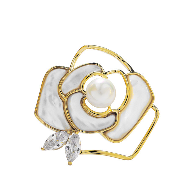 ປູກດອກໄມ້ສ່ວນຕົວ imitation pearl shell camellia brooch high-end temperament suit corsage fashion pin accessories