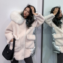 Granular wool coat composite fur one duck down jacket long hooded fox fur coat women