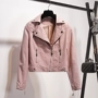 Tủ quần áo ưu đãi đặc biệt 2018 thu đông slim chic da nhỏ nữ da ngắn màu hồng ngắn là áo khoác da pu mỏng đầu máy áo khoác da lộn