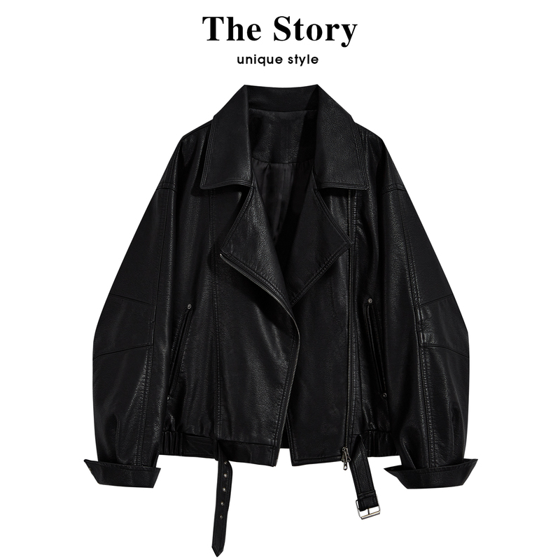 Those Things: Retro Black Lapel Pu Leather Jacket for Women, Spring High-End Cool and Stylish Biker Leather Jacket