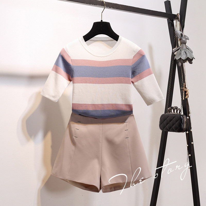 2017初秋女装新款中袖冰丝彩色条纹针织衫女短袖套头毛衣打底上衣