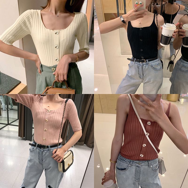 Pumpkin valley knitted camisole women's 2019 summer new careful machine slim thin section thin outside wear inside tie T-shirt