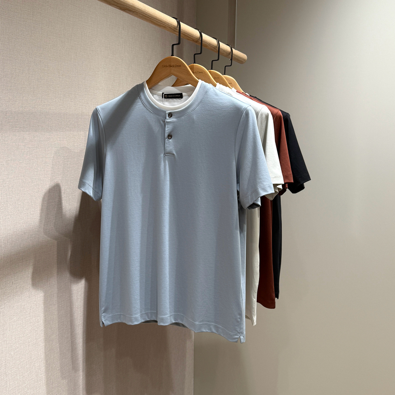 【Yuppie Casual Style】High-End Color-Blocking Henley Collar Modal Cotton Casual Short-Sleeve T-Shirt for Men