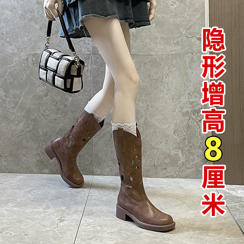 Inner Height-Increasing Retro Embroidered Western Cowboy Boots for Women 2026 Summer New Style Hollow Long Boots with Chunky Heel Mid-Calf Riding Boots Inner Height-Increasing Retro Embroidered Western Cowboy Boots for Women 2026 Summer New Style Hollow Long Boots with Chunky Heel Mid-Calf Riding Boots