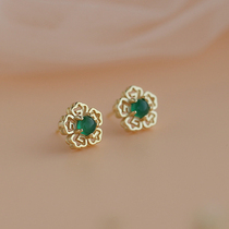 925 Sterling Silver Hollow Peach Blossom Stud Earrings Womens Premium Green Chalcedony Retro Country Style Earrings Small Design Light Luxury