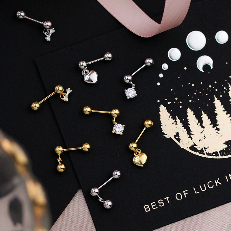 Small Z Youpint 925 pure silver screw ear needle with delicate peach heart ear pendant mini dumbbells earrings earrings earrings