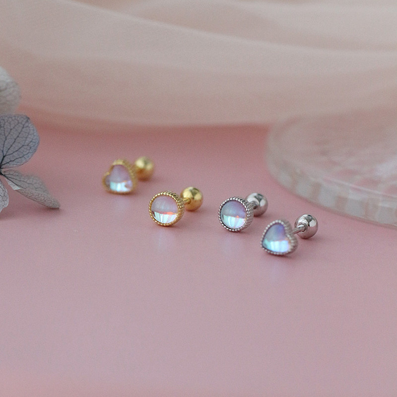 Round glass love ear acupuncture female 925 sterling silver screw buckle cochlear ear bone nail female small fresh and sweet temperament