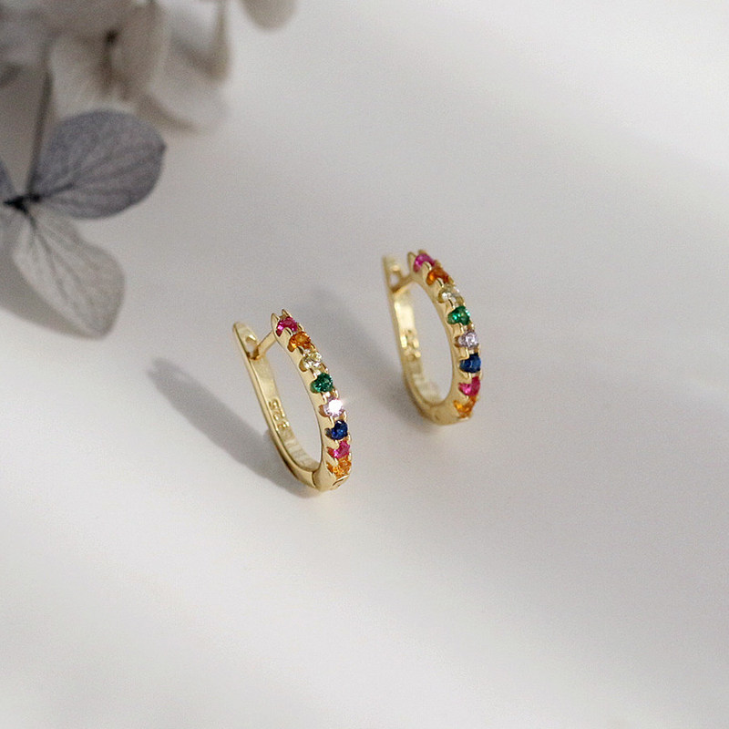 Rainbow earrings S925 sterling silver colorful personality earrings niche design high-end ear buckle fashion color diamond ear pin women
