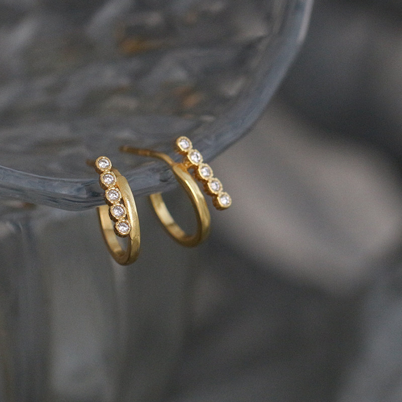 Direct sowing room s925 pure silver temperament 100 hitch-lined water drill ear nail double half-circle ear decoration