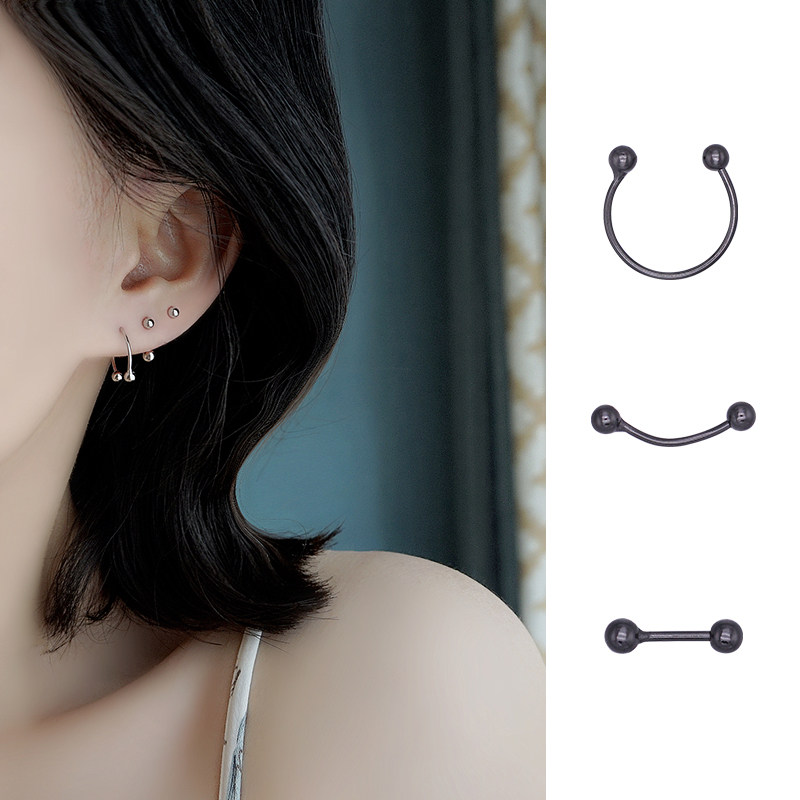 Small Z Youku 925 pure silver screw earworm ear needle female double head black personality cool minimalist Tidal Side Earbone Earrings Man