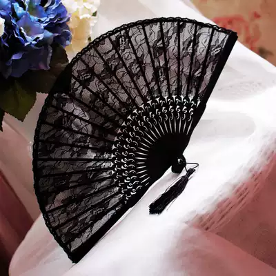 Ladies with cheongsam dance small folding fan Black lace Ancient style Classical retro Hanfu folding Chinese fan