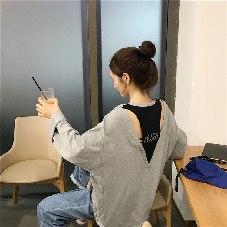 VK旗艦店 韓系顯瘦露背字母印花長袖上衣
