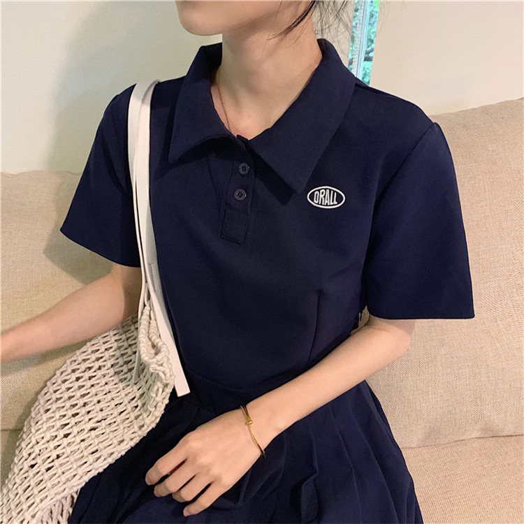 VK旗艦店 韓系polo領刺繡百褶學院風短袖洋裝