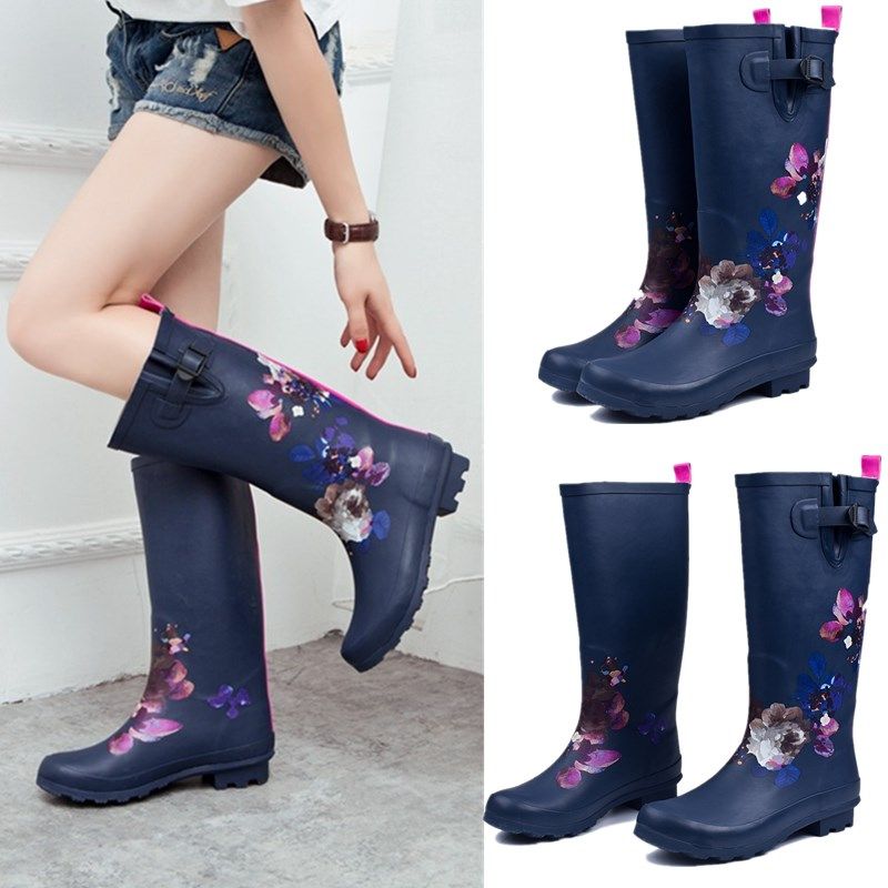 High Cylinder Rain Shoes Woman Long Cylinder Non-slip Warm Rubber Fashion water Shoe outside wearing adult hand painted Korean version Rain boot rubber shoes