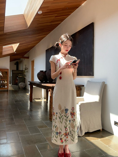 Thecoco New Chinese Style Printed Cotton and Linen Cheongsam for Women, Summer Elegant Slim Fit, Comes with Tulip Red Hair Tie