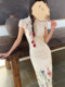 Thecoco New Chinese Style Printed Cotton and Linen Cheongsam for Women, Summer Elegant Slim Fit, Comes with Tulip Red Hair Tie